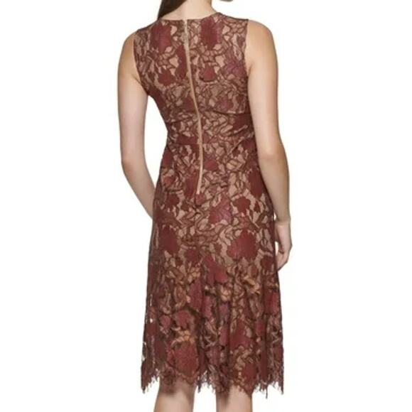 Calvin Klein 2 Lace Brown Dress Floral A-Line Sheath Fringe Formal Wedding Party - Picture 2 of 13